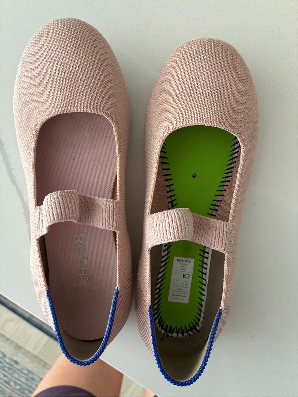 Rothy's Light Pink Knit Mary Jane Flats with Navy Stitching